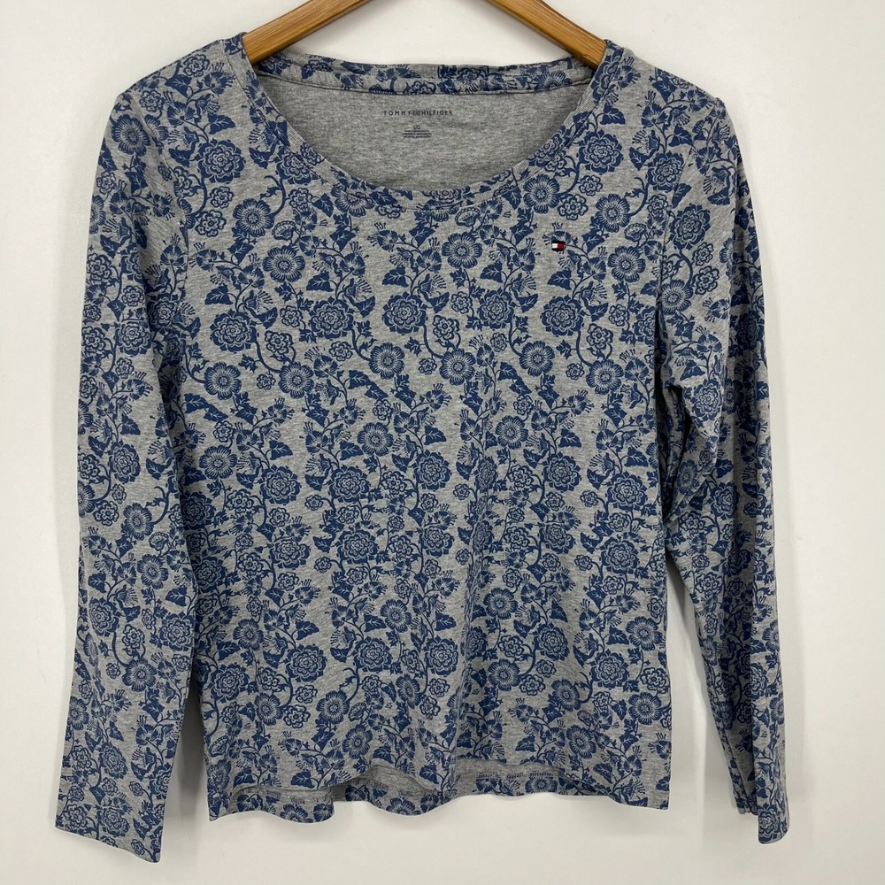 Tommy Hilfiger Womens Large Gray Blue Floral Paisley Long Sleeve Scoop Neck Top